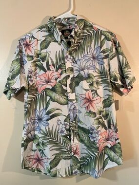Men's Tropical Floral Button-Up Shirt - White with Pink & Blue Flowers Reynolds